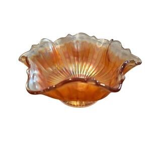 Vintage Marigold Carnival Glass Bowl Ruffled Rim 6" Orange Amber Dish Mod Retro